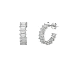 925 Sterling Silver Modern Cubic Zirconia Baguette Hoop Earrings