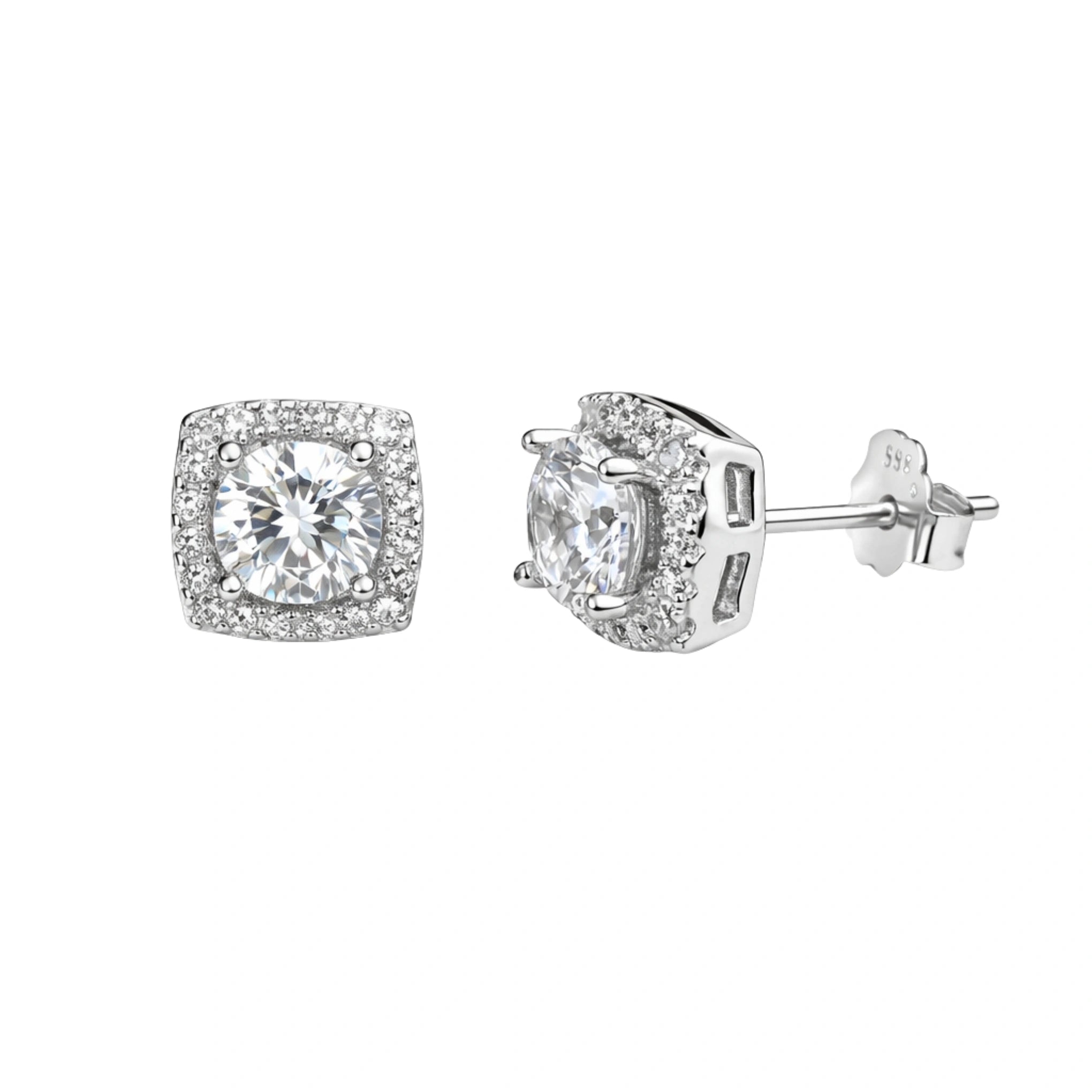 925 Silver 7A Cubic Zirconia Cushion Cut Halo South Screw Stud Earrings