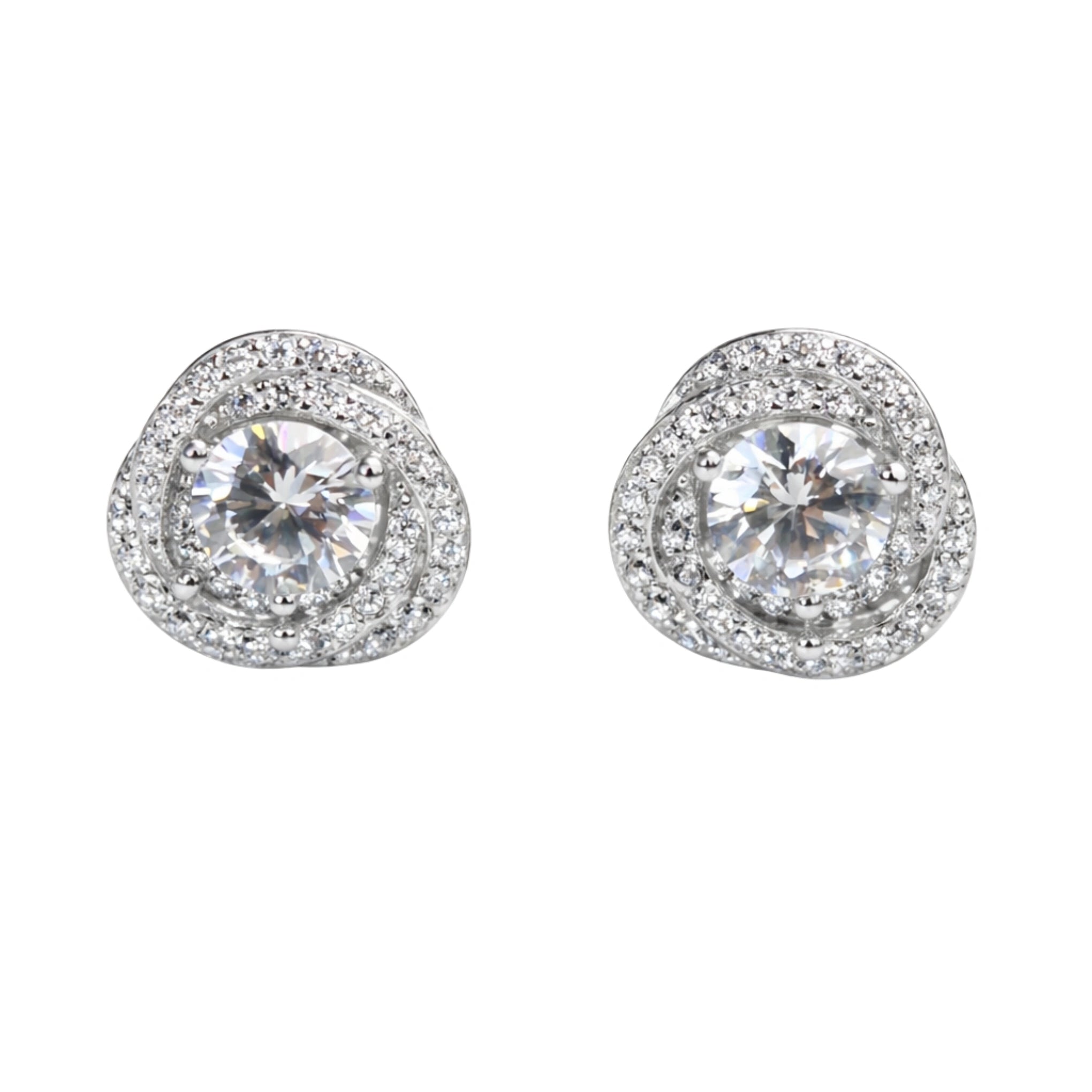 925 Silver Cubic Zirconia Round Swirl Double Halo South Screw Stud Earrings