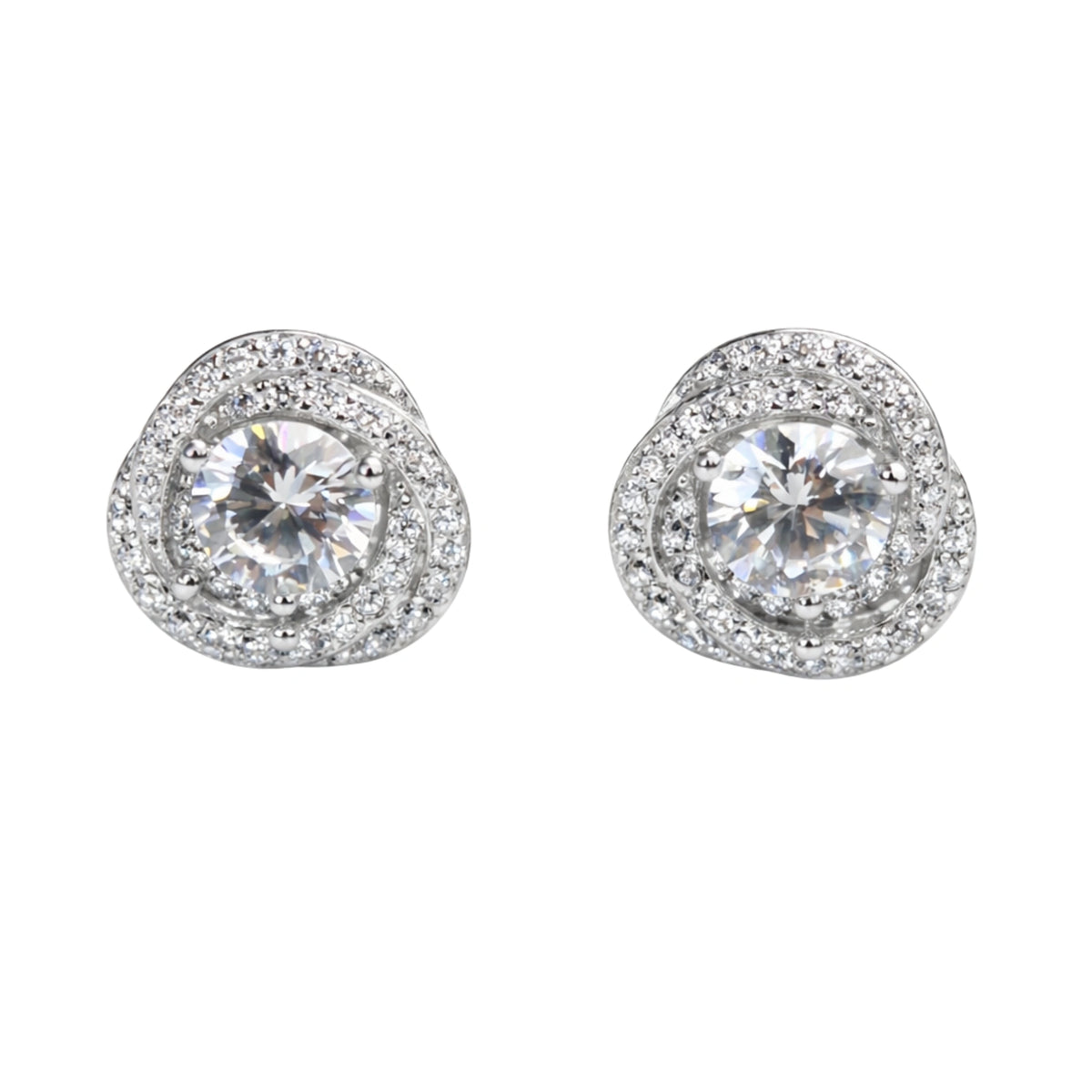 925 Silver Cubic Zirconia Round Swirl Double Halo South Screw Stud Earrings