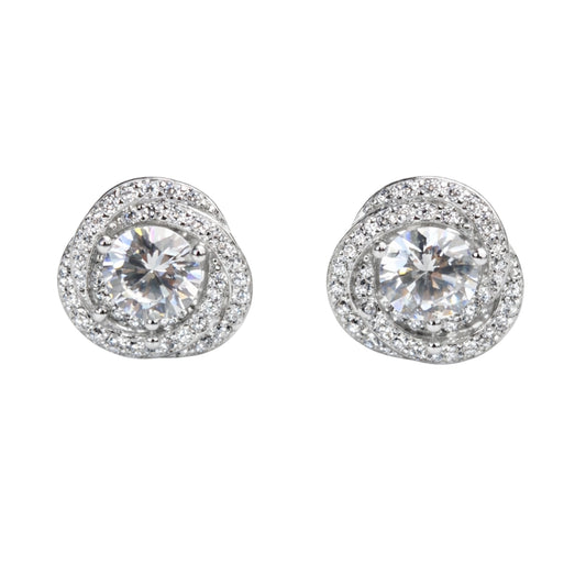 925 Silver Cubic Zirconia Round Swirl Double Halo South Screw Stud Earrings