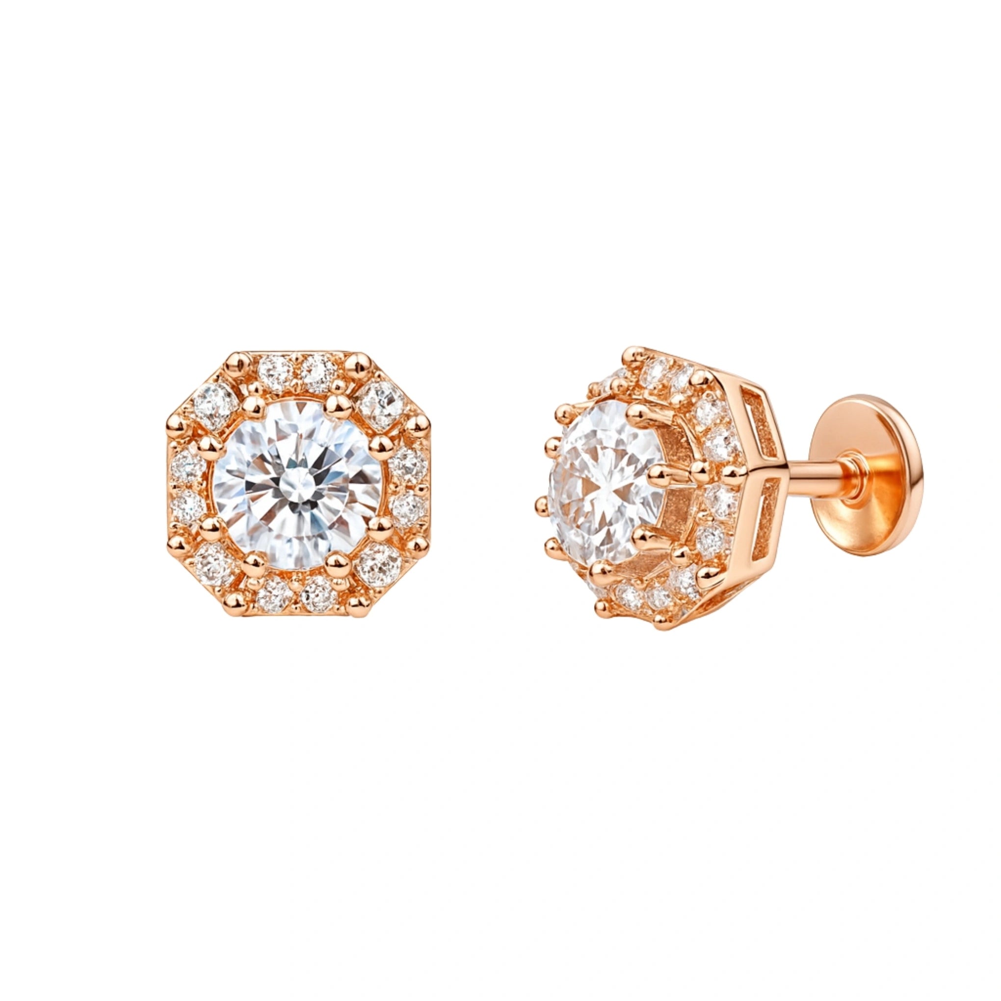 925  Silver Gold Plated Cubic Zirconia Round Octagon Halo South Screw Stud Earrings