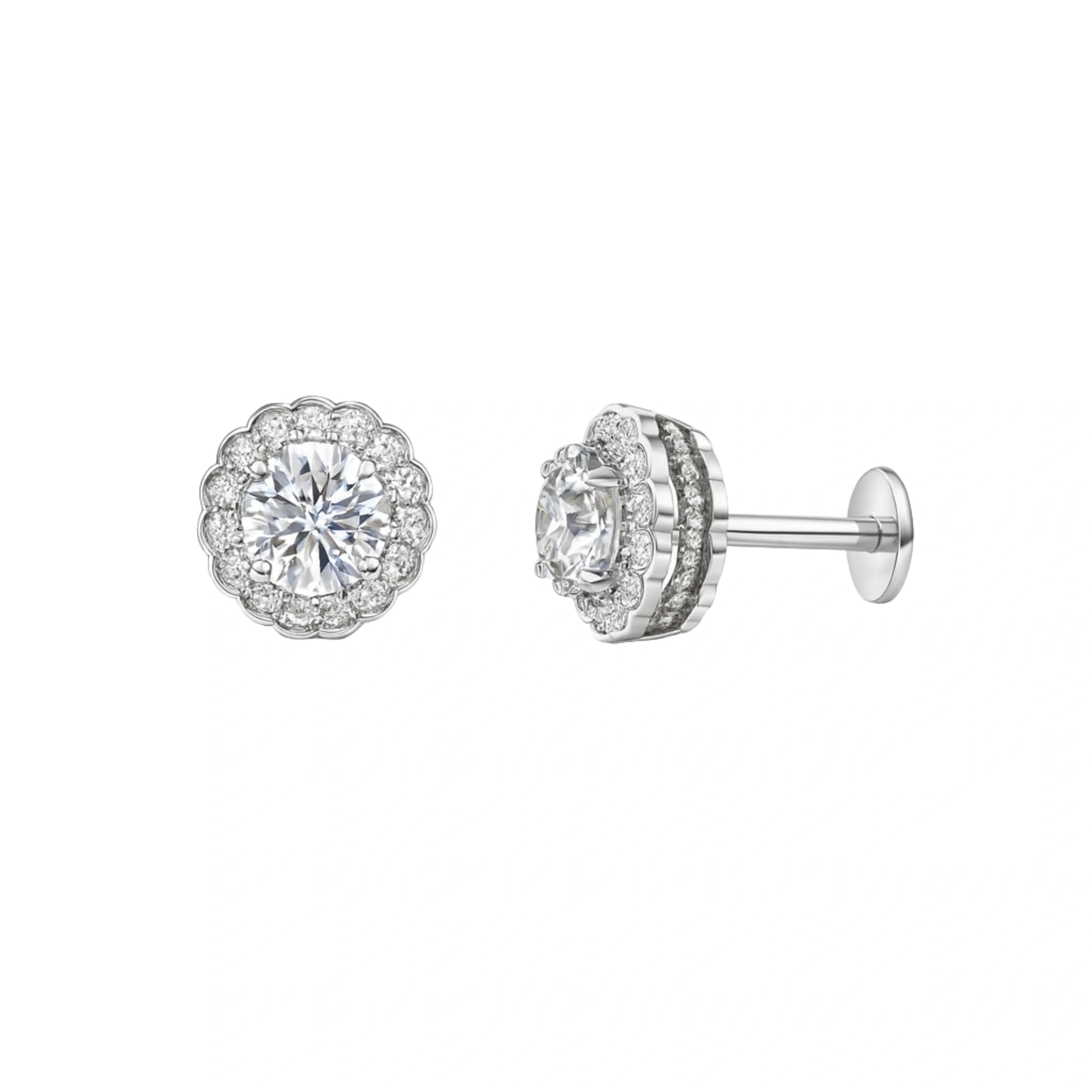 925  Silver Regal Cubic Zirconia Round Scallop Halo Studs
