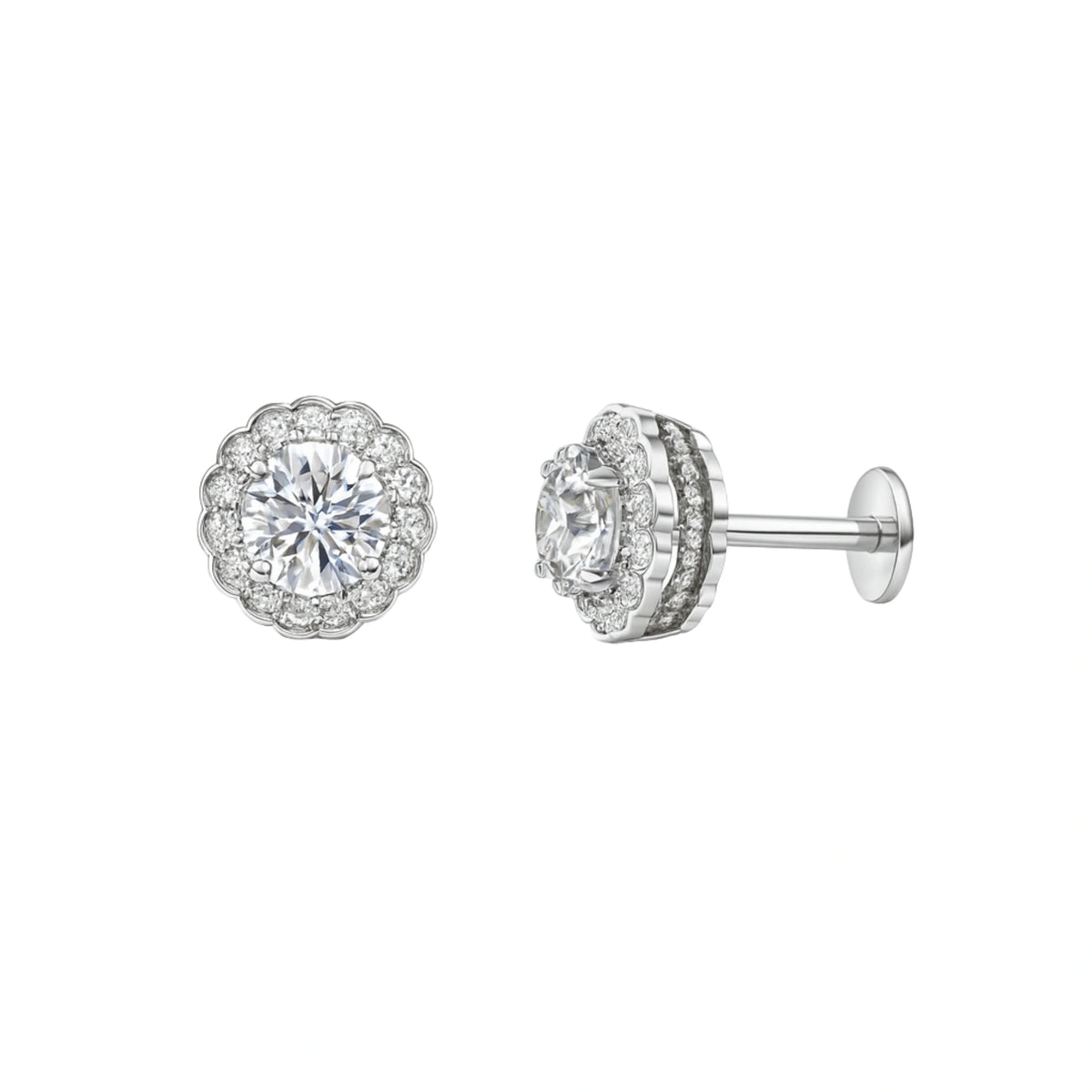 925  Silver Regal Cubic Zirconia Round Scallop Halo Studs