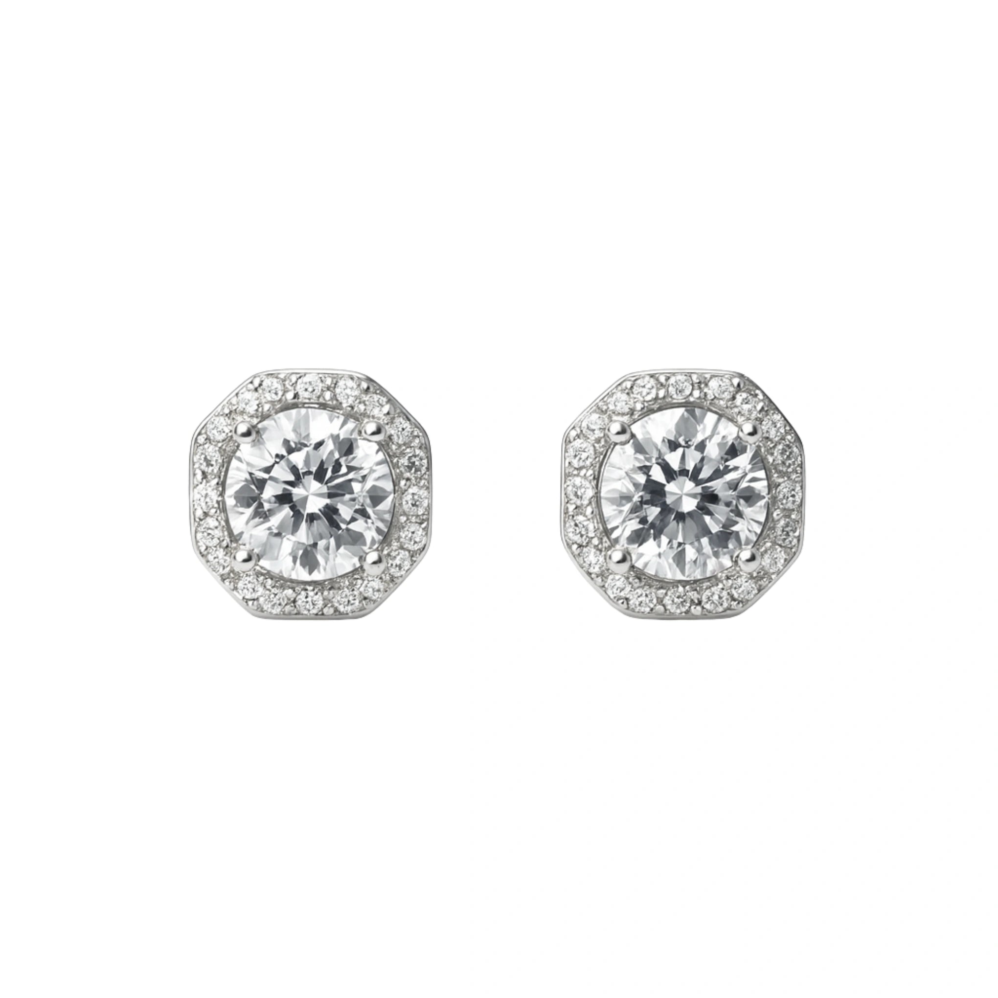 925 Silver Regal Cubic Zirconia Round Octagon Halo Stud Earrings