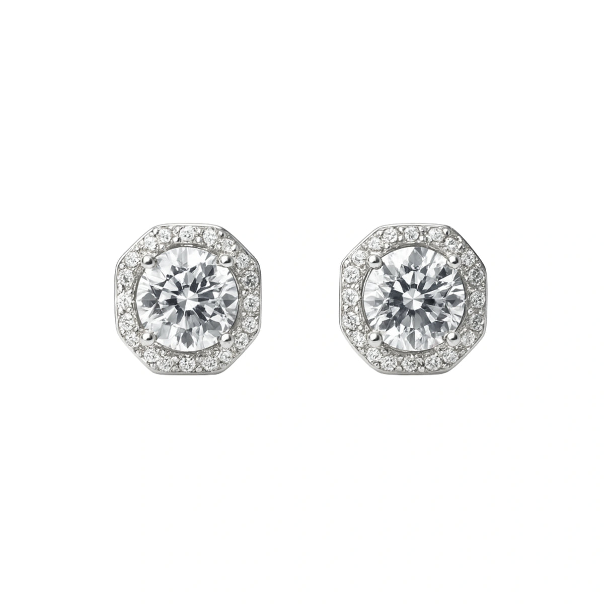 925 Silver Regal Cubic Zirconia Round Octagon Halo Stud Earrings