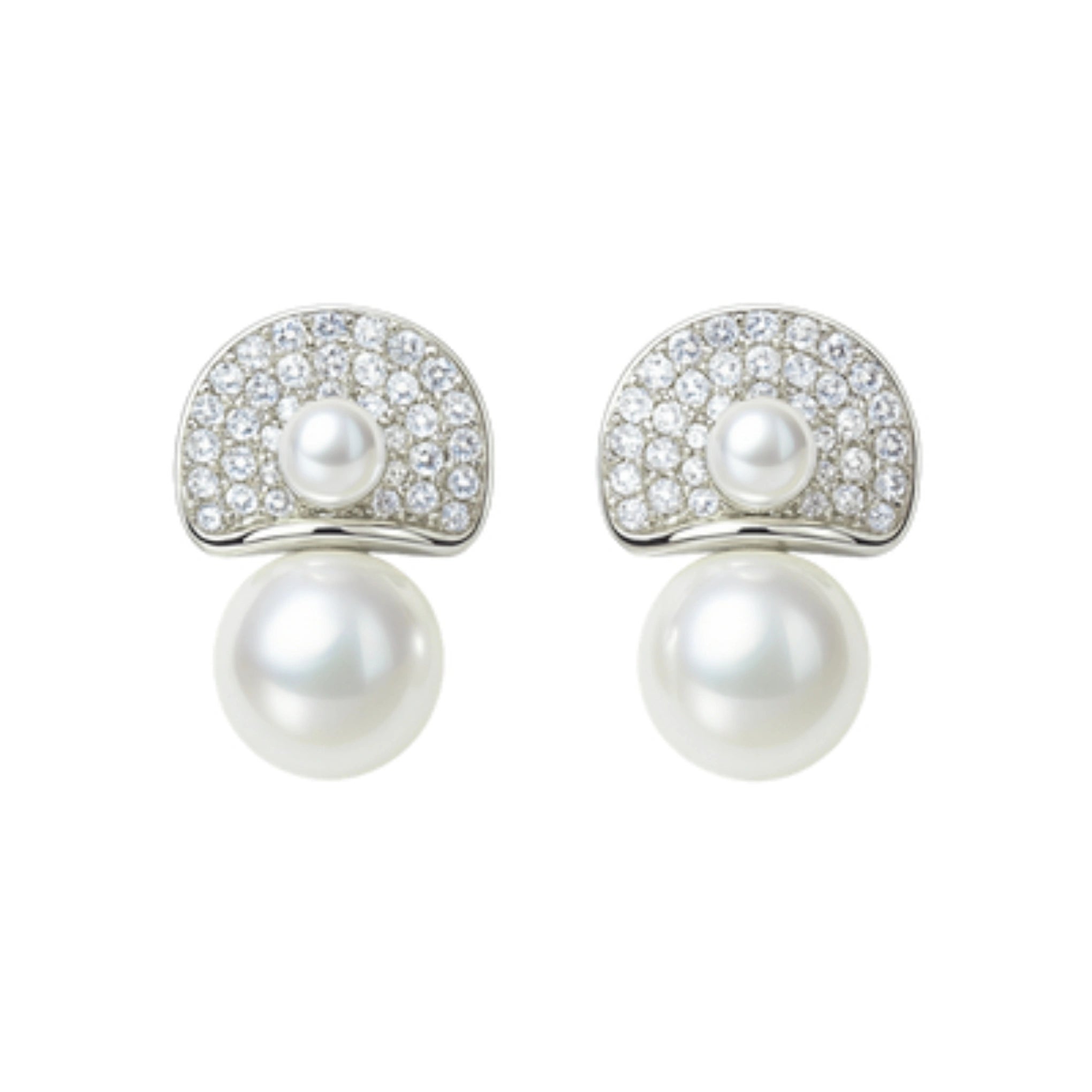 925 Silver Cubic Zirconia Pave Half Moon Pearl Drop Earrings