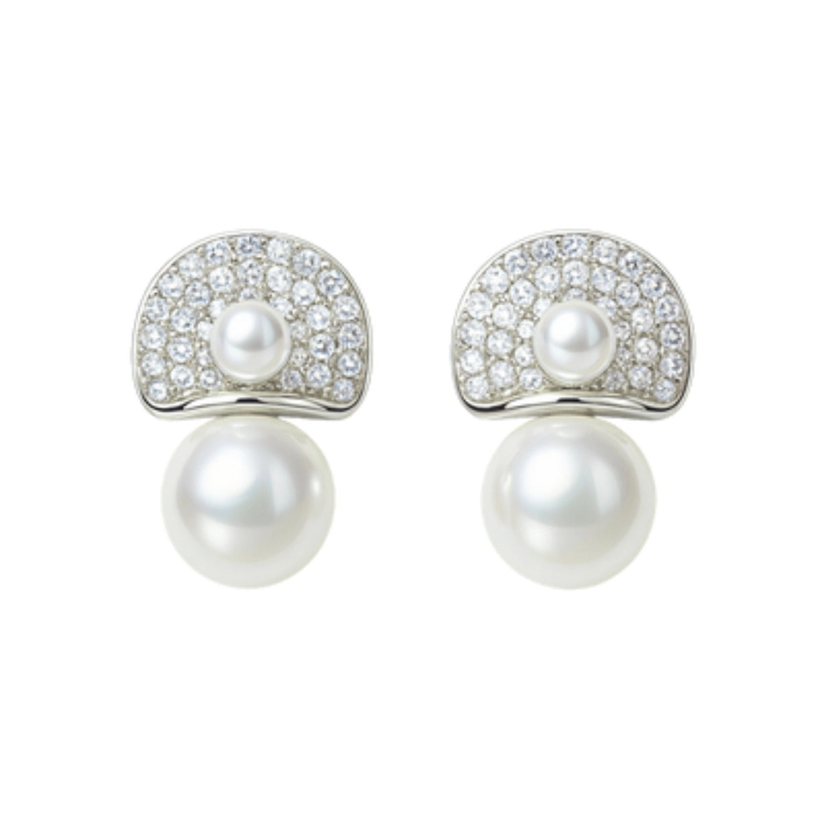 925 Silver Cubic Zirconia Pave Half Moon Pearl Drop Earrings
