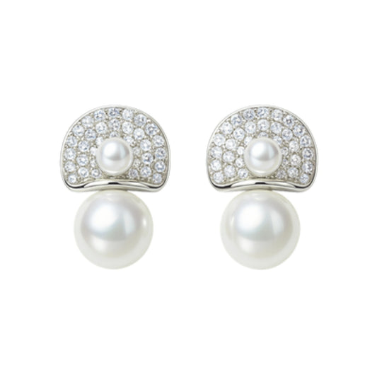 925 Silver Cubic Zirconia Pave Half Moon Pearl Drop Earrings