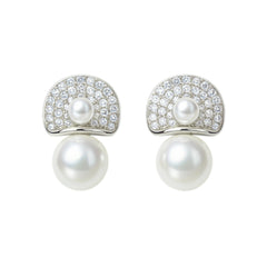 925 Silver Cubic Zirconia Pave Half Moon Pearl Drop Earrings