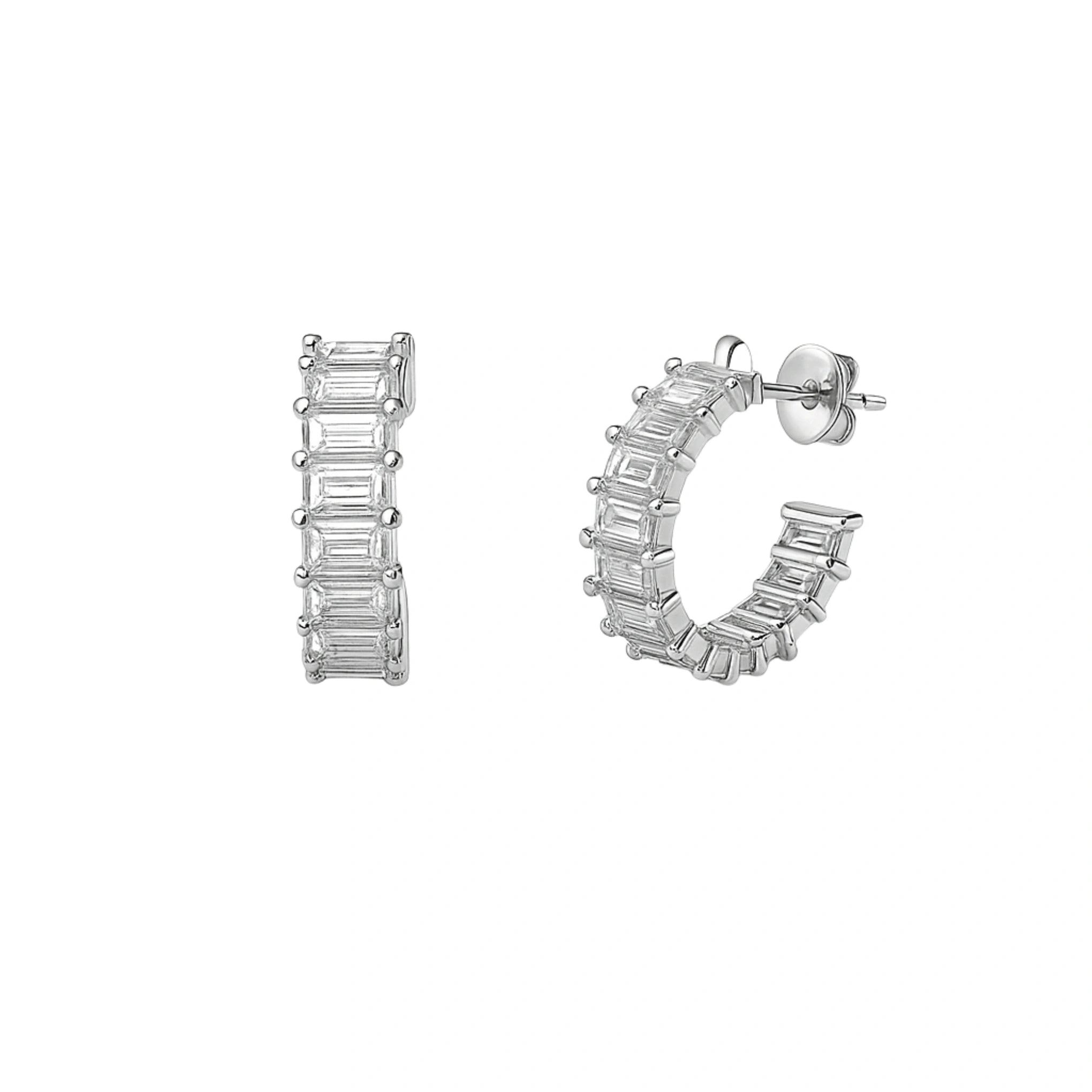 925 Sterling Silver Modern Cubic Zirconia Baguette Hoop Earrings