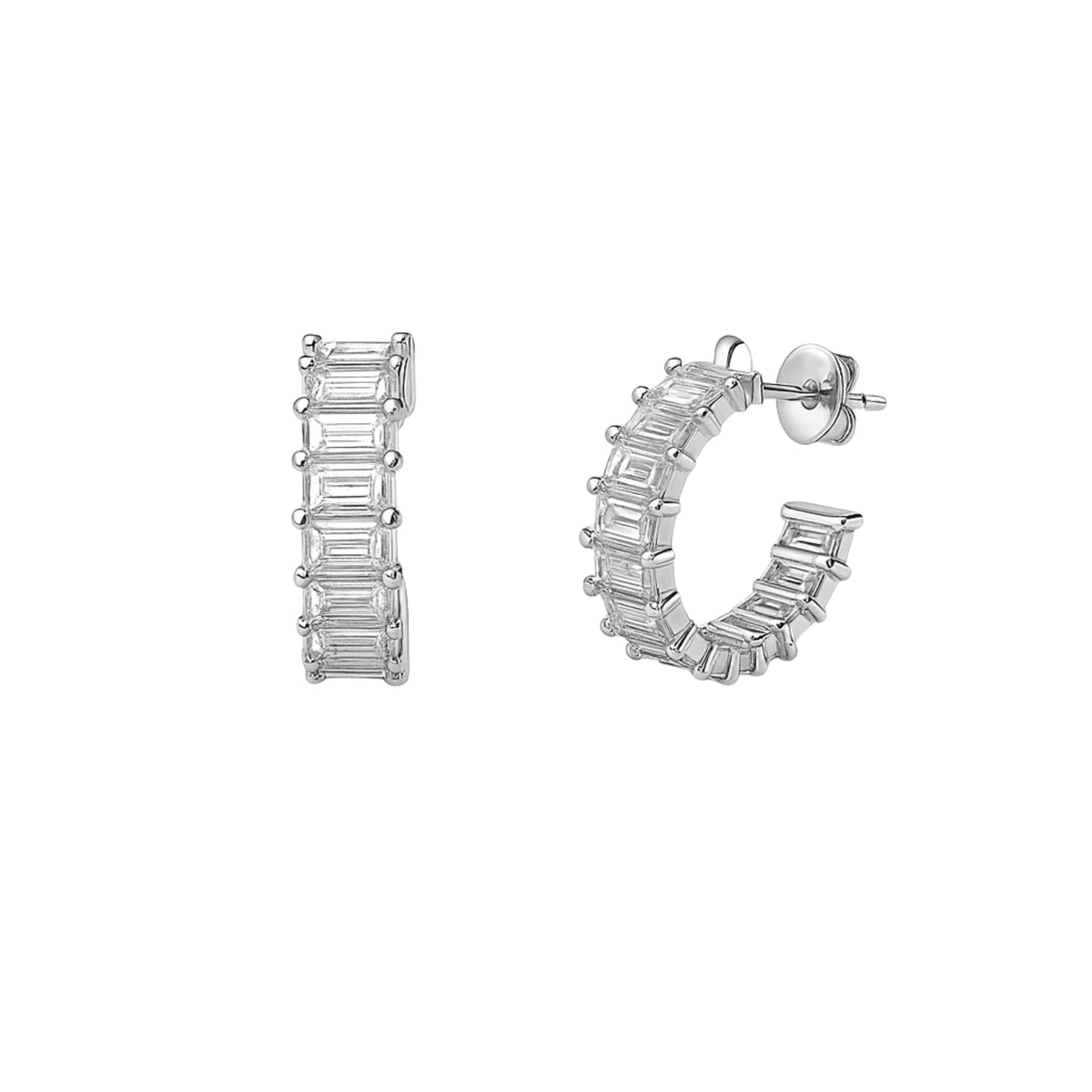 925 Sterling Silver Modern Cubic Zirconia Baguette Hoop Earrings