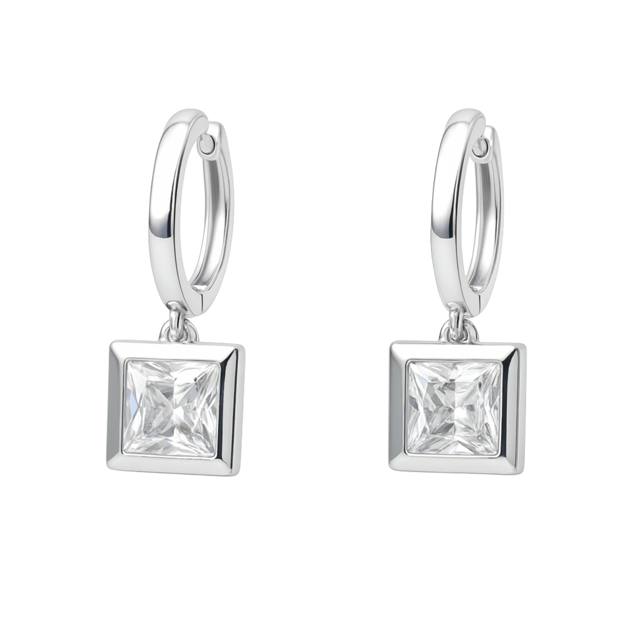 925 Sterling Silver Modern Cubic Zirconia Square Drop Hoop Earrings