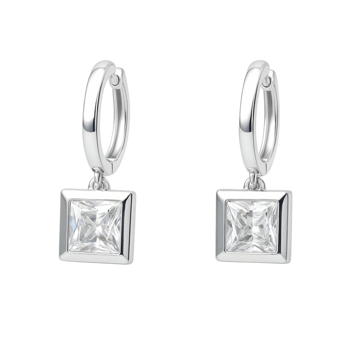 925 Sterling Silver Modern Cubic Zirconia Square Drop Hoop Earrings