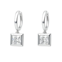 925 Sterling Silver Modern Cubic Zirconia Square Drop Hoop Earrings