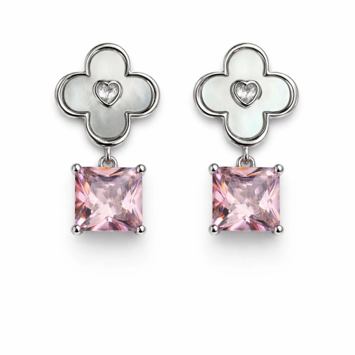 92 Silver Elegant Clover Heart Pink Cubic Zirconia Square Drop Earrings