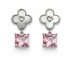 92 Silver Elegant Clover Heart Pink Cubic Zirconia Square Drop Earrings