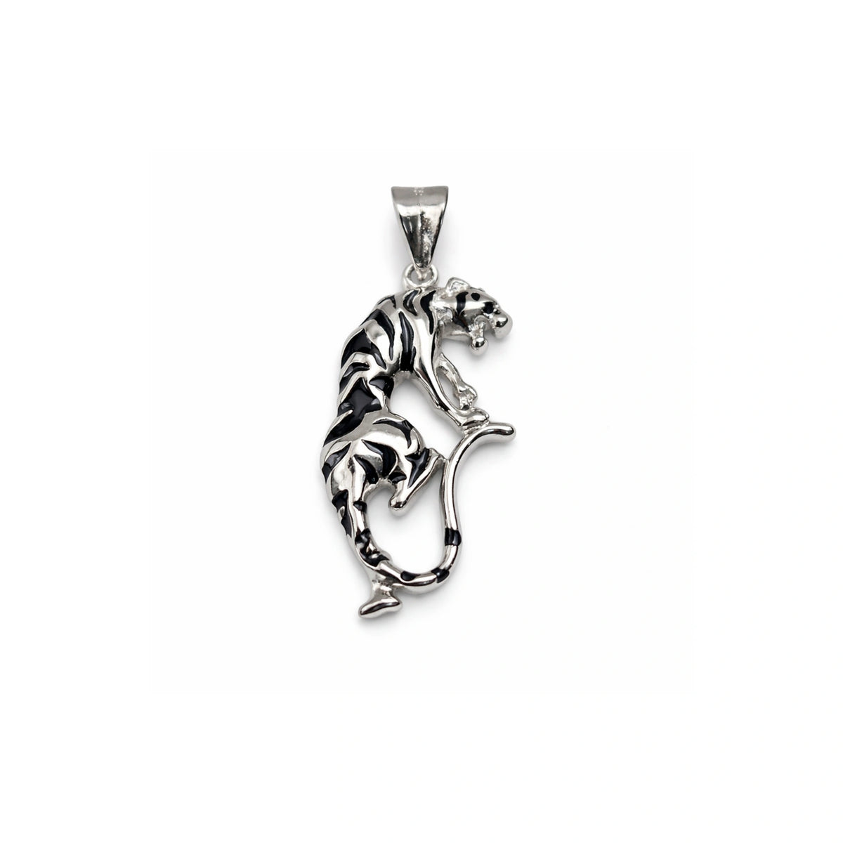 925 Sterling Silver Dynamic Tiger Black Enamel Statement Pendant Necklace