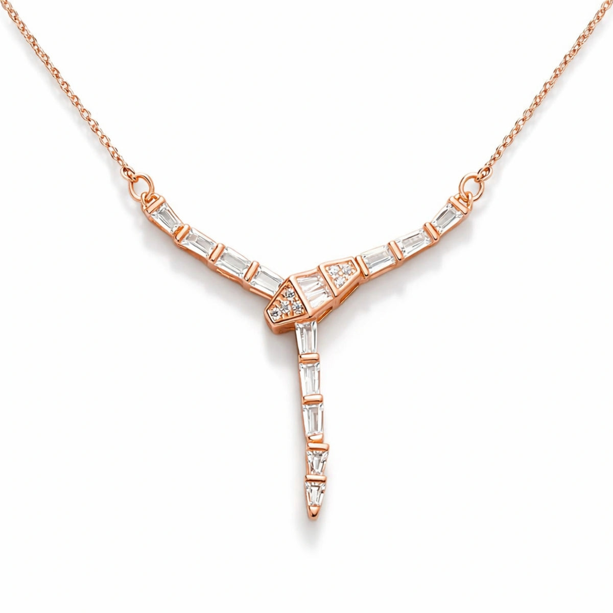 925 Silver Rose Gold Plated Baguette CZ Y-Shape Chain Pendant
