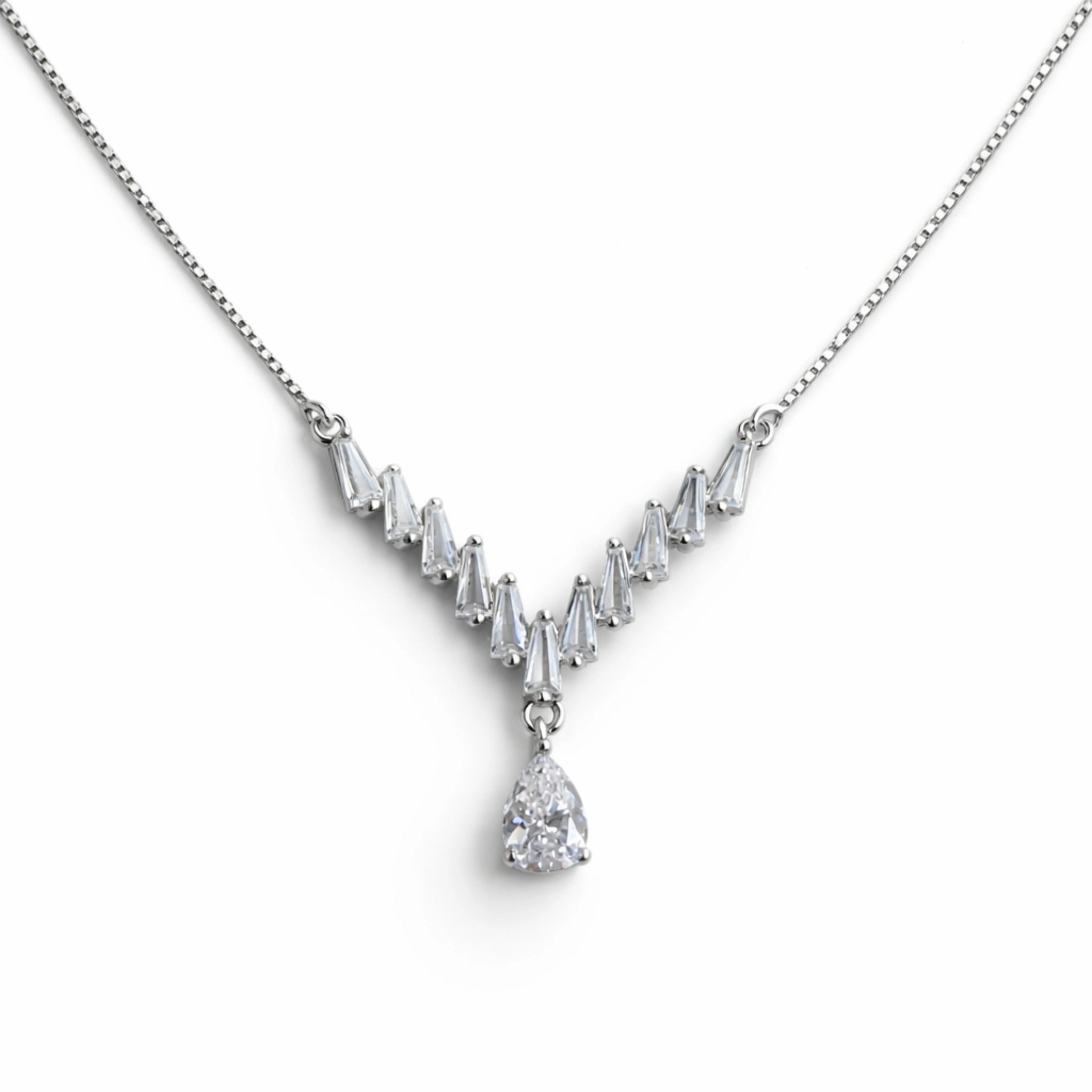 925 Silver V-Shape CZ Drop Chain Pendant  with Teardrop Stone
