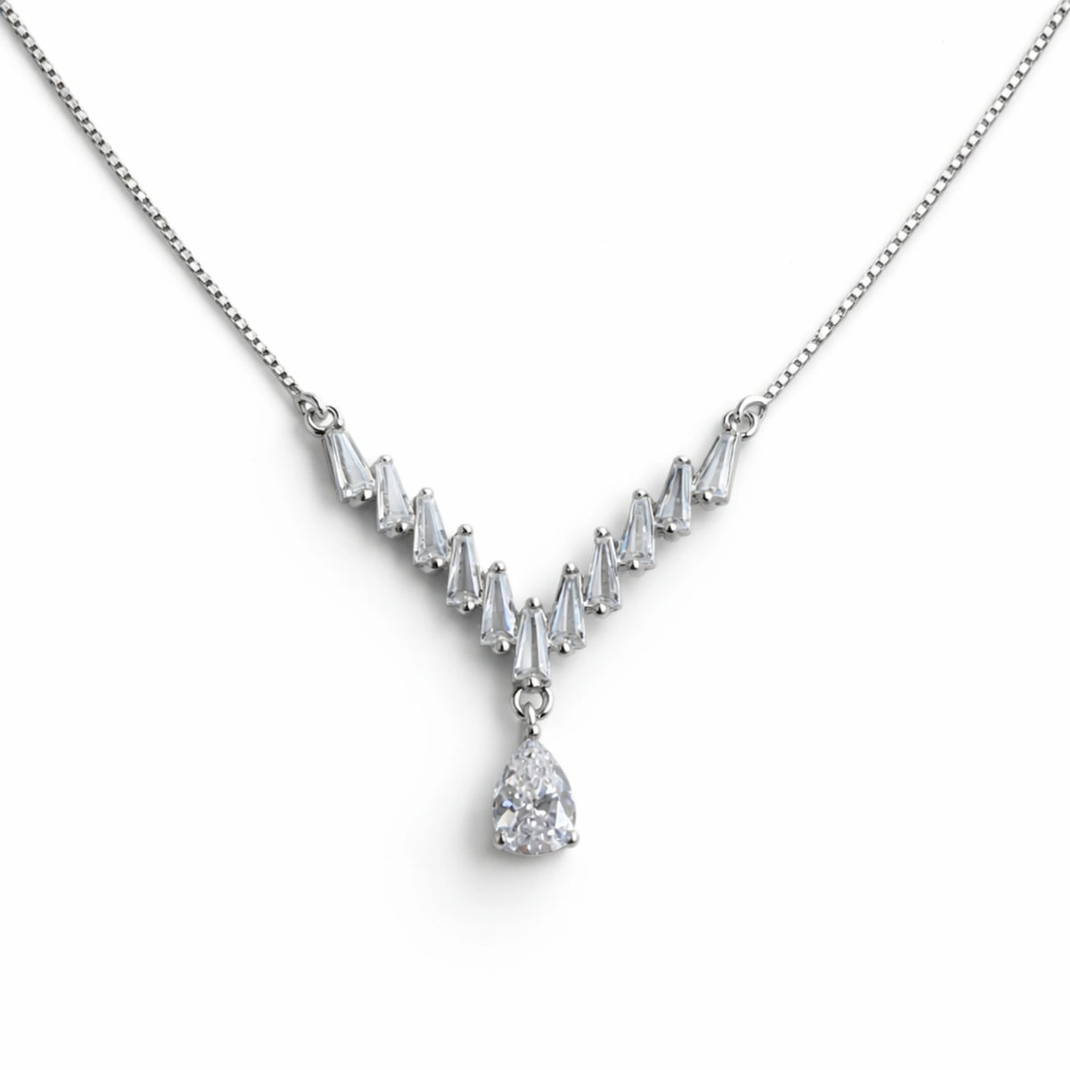 925 Silver V-Shape CZ Drop Chain Pendant  with Teardrop Stone