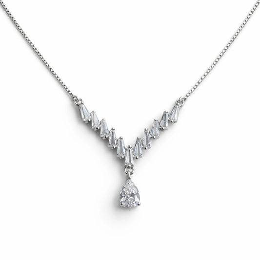 925 Silver V-Shape CZ Drop Chain Pendant  with Teardrop Stone
