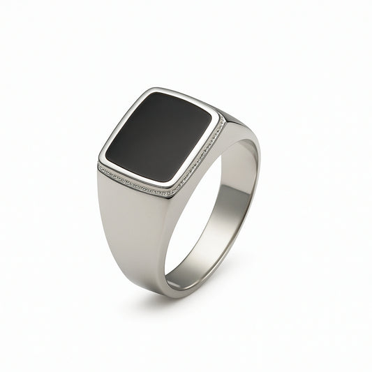 925 Sterling Silver Luxury Black Enamel Rectangular Signet Band Ring